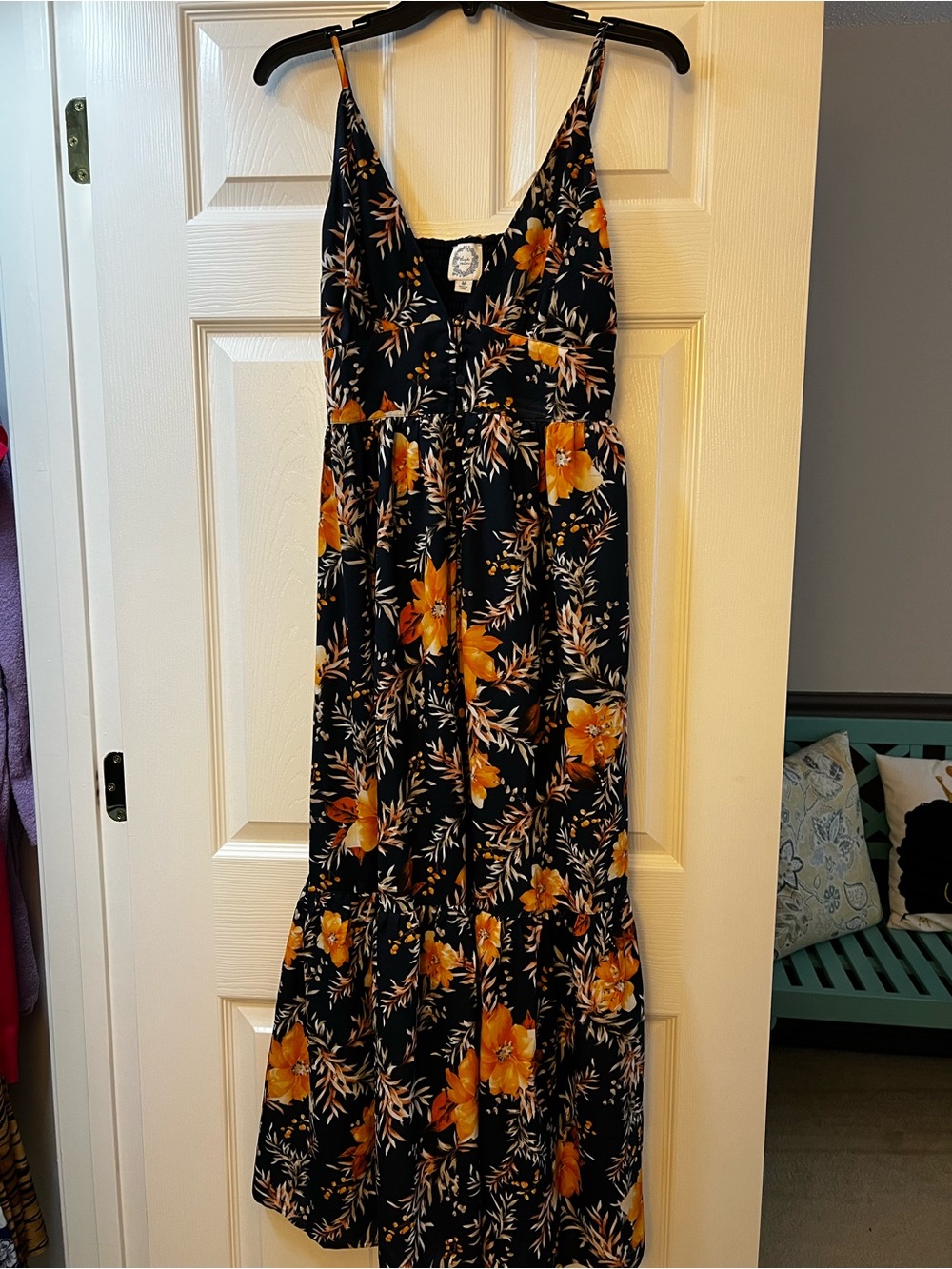 Blue Rain Navy Dress with Orange and Cream Floral Print
